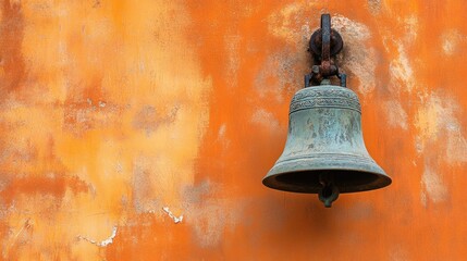 Close-up of a vintage bell mounted on a weathered wall, textured orange background adding to its old-world, rustic appeal.