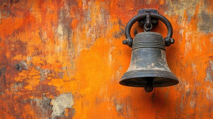 Obraz premium Close-up of a vintage bell mounted on a weathered wall, textured orange background adding to its old-world, rustic appeal.
