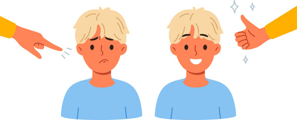 Different approaches to raising child, and use of praise or blame in form of gestures. Process of raising boy who loves positive attitude and gets upset because of reproaches that violate child psyche