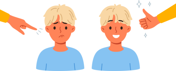 Different approaches to raising child, and use of praise or blame in form of gestures. Process of raising boy who loves positive attitude and gets upset because of reproaches that violate child psyche