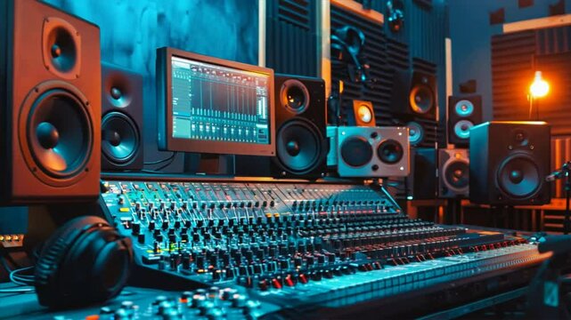Modern music studio with large mixing console, audio equipment, and vibrant lighting for sound mixing and music production, featuring multiple speakers and computer monitor.
