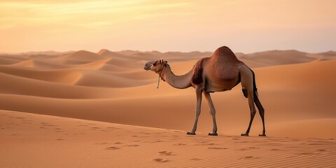 A camel strides across serene desert dunes under a warm sunset glow, embodying solitude and endurance.