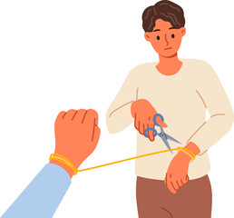 Man breaking up with woman and cuts rope on hand, due to lack of love after betrayal. Breaking up...