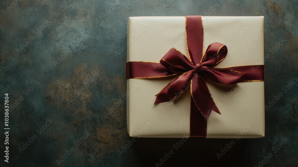 Poster a large gift box adorned with neutral wrapping and a maroon ribbon awaits its recipient on a texture