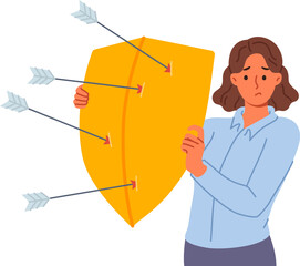 Upset woman defends from arrows of enemies, covering with shield to avoid injury. Girl defends and...