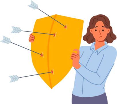Upset woman defends from arrows of enemies, covering with shield to avoid injury. Girl defends and demonstrates defense mechanism that allows to escape from risk to life of elemental disorder
