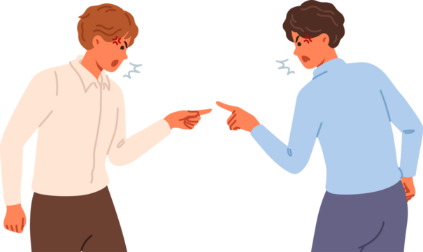 Quarrel between office clerks finding out reasons for company low profits and shouting or pointing fingers at competitor. Two business men quarreling after breaking partnership agreement