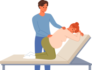 Man gives massage to pregnant woman kneeling on hospital bed waiting for labor to begin. Caring husband takes care of pregnant wife experiencing back pain while awaiting birth of child.