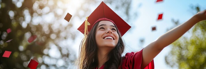 A graduate in a cap and red gown throws confetti in the air, celebrating joyfully.