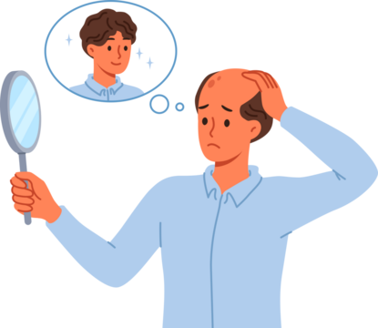 Problem of baldness in man looking in mirror and remembering presence of beautiful hair. Guy suffers from baldness due to poor genetics or insufficient intake of vitamins for body.