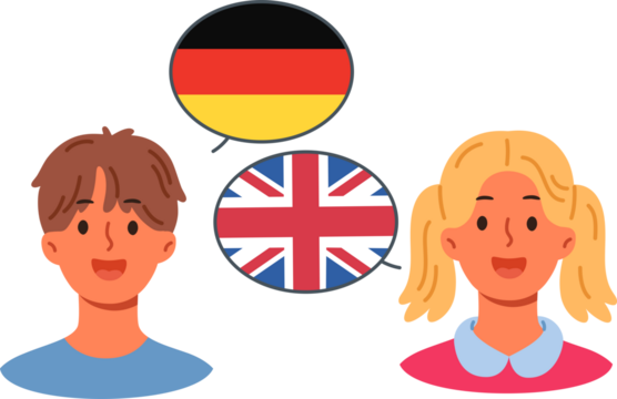 Multilingual communication of children communicating thanks to knowledge of english and german. Multilingual boy and girl use words from different cultures to share experiences with peers