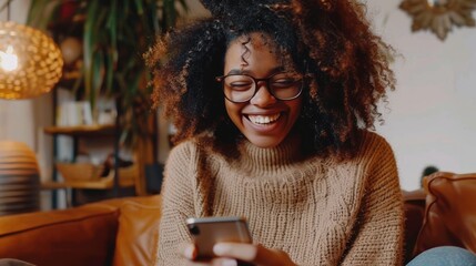 Beautiful woman laughing while sitting on sofa while internet with smart phone, AI generated image