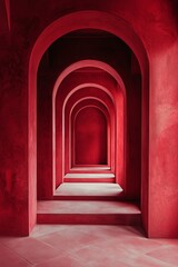 Bright red arches form a captivating and calming perspective corridor, drawing the viewer's eye through a path.