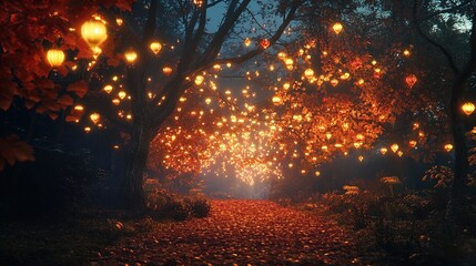 Fototapeta premium The image captures a serene nighttime scene where a winding path is illuminated by numerous hanging lanterns, casting a warm glow. Surrounding the path, vibrant autumn leaves in shades of red and oran