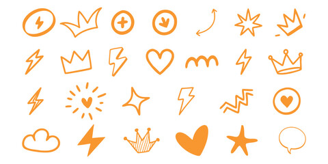 set of hand drawn heart, crown stars icon collection