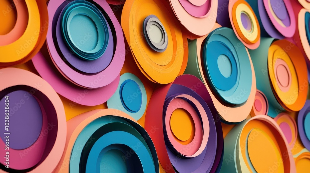 Poster colorful paper cut artwork with layered circles and curves, arranged to create a dynamic and playful