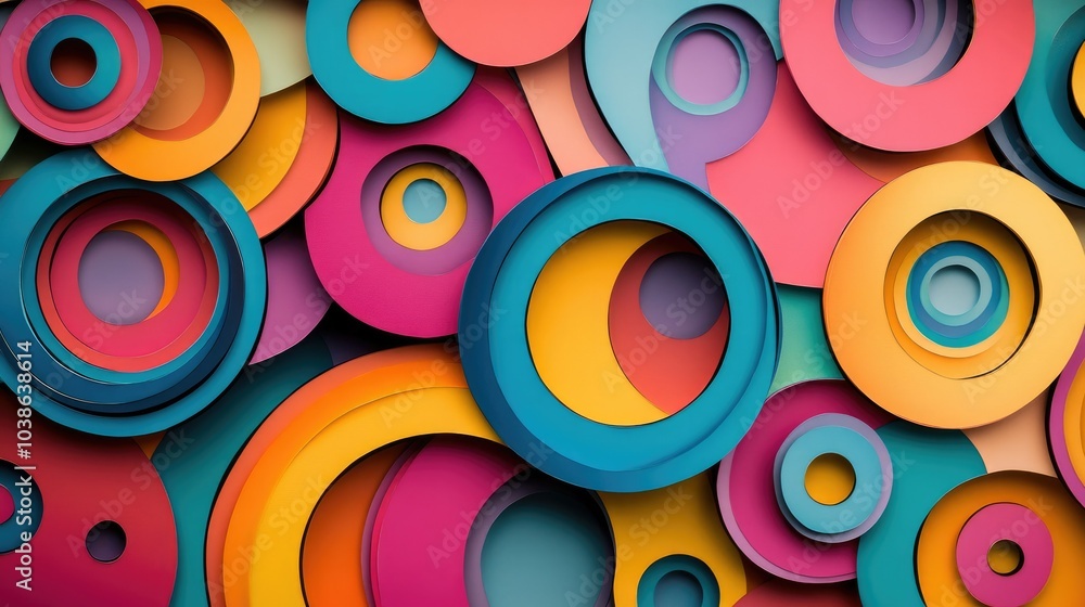 Poster colorful paper cut artwork with layered circles and curves, arranged to create a dynamic and playful