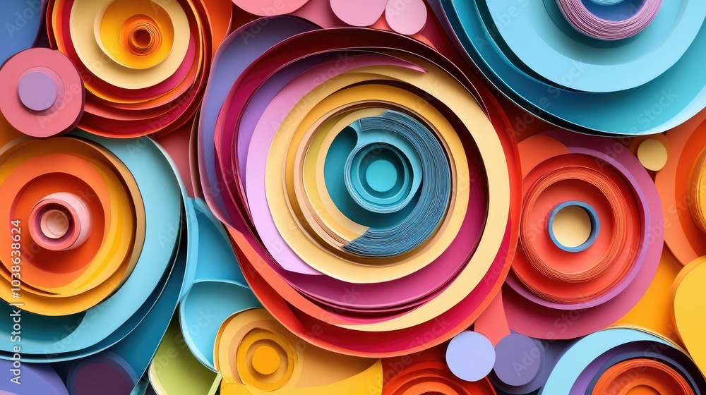 Poster colorful paper cut artwork with layered circles and curves, arranged to create a dynamic and playful