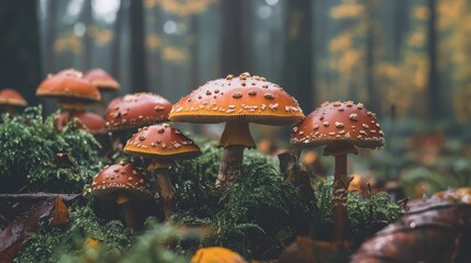 Fototapeta premium Vibrant Mushrooms in a Misty Forest Setting