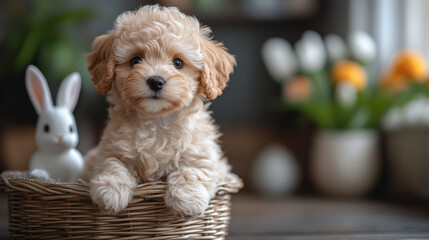"Adorable Poodle Puppy and White Bunny Sitting Together in an Easter Scene"