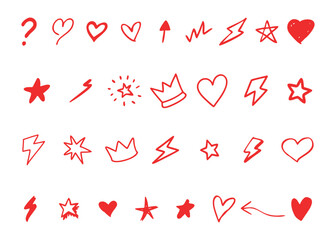set of hand drawn heart, crown stars icon collection