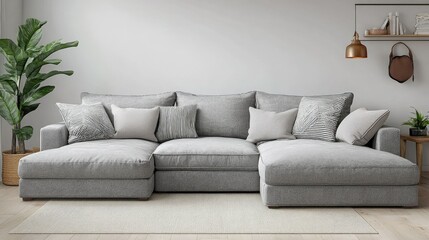 Comfortable gray sofa in a living room with neutral tones, accent pillows, and a potted plant for a balanced home decor