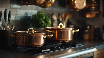 Copper cookware with polished surfaces and brass handles, reflecting soft light, placed in a modern kitchen, highlighting craftsmanship and elegance.