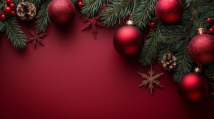 A festive arrangement of red ornaments and greenery against a deep red background, perfect for holiday decorations.