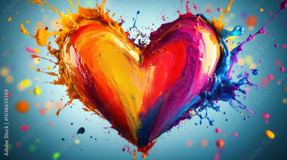 Poster creative heart pattern formed by multicolored splashes, emphasizing the fusion of various colors and
