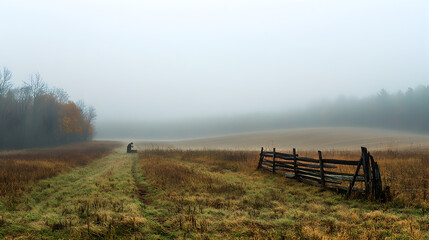 A misty morning landscape with a lone figure near a rustic fence in a tranquil field