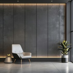 A contemporary interior showcasing a minimalist armchair, potted plants, and dark panel walls with ambient lighting in a sunlit room.