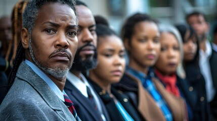 Fototapeta premium A group of job seekers standing outside an employment office, looking dejected and uncertain, capturing unemployment struggles