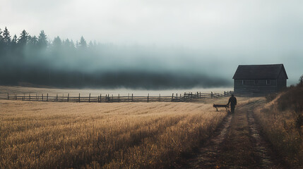Fototapeta premium A solo farmer walks a dog along a misty field at dawn near a rustic barn in the countryside