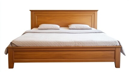 A stylish wooden bed frame isolated against a white background, highlighting its clean lines and design details.