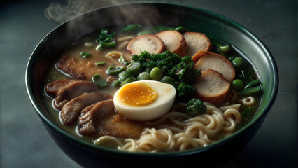 Delicious ramen bowl with smoked meat, boiled egg, and vegetables
