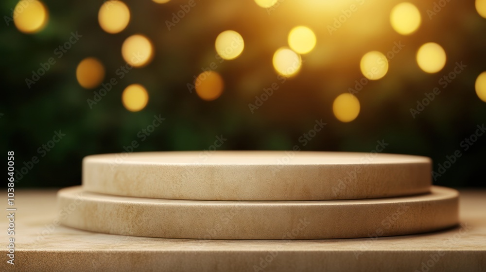 Poster circular wooden platform with soft bokeh lights in the background, perfect for product display or pr