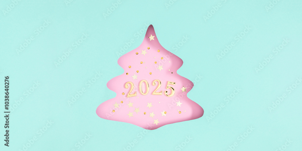 Sticker Christmas background for 2025. Festive scene with cut out silhouette of Christmas tree creating a festive atmosphere on pastel green background and pink fir. Top view, minimal scene.