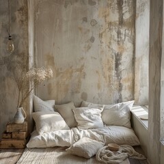 A serene rustic interior with textured walls, soft cushions, and dried flowers, bathed in natural light, creating a cozy and inviting atmosphere.