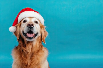 Happy Golden Retriever wearing a Santa hat