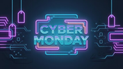 Obraz premium Cyber Monday promotional graphic featuring vibrant neon colors and digital elements.