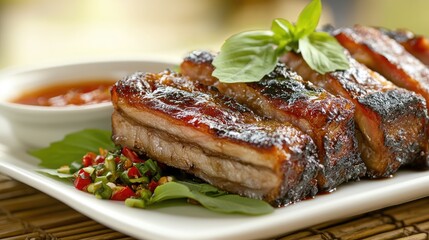 Grilled Pork Belly with Fresh Herbs and Dipping Sauce