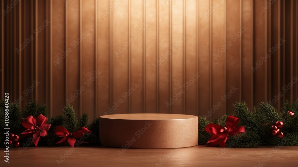 Poster elegant display background with a circular platform, adorned with festive greenery and red accents, 