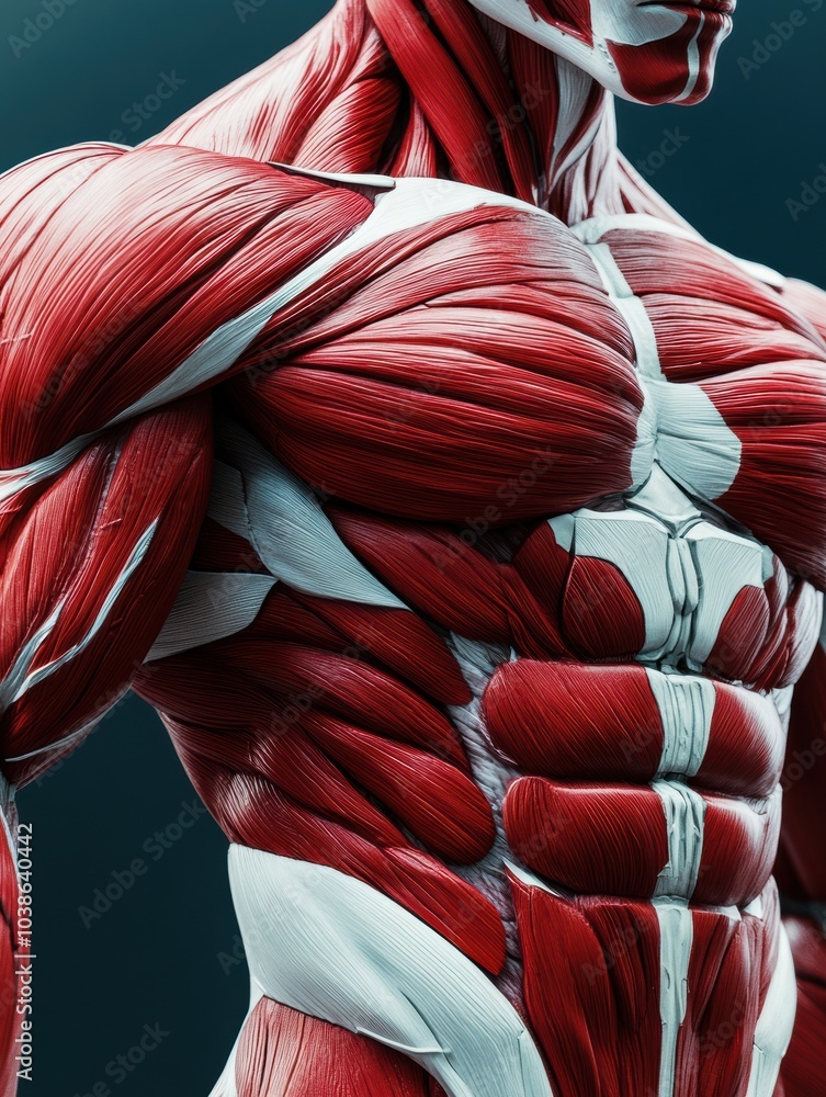 Aufkleber This close-up highlights the intricate details of red and white muscles on a human torso, showcasing their anatomical structure and texture. Generative AI