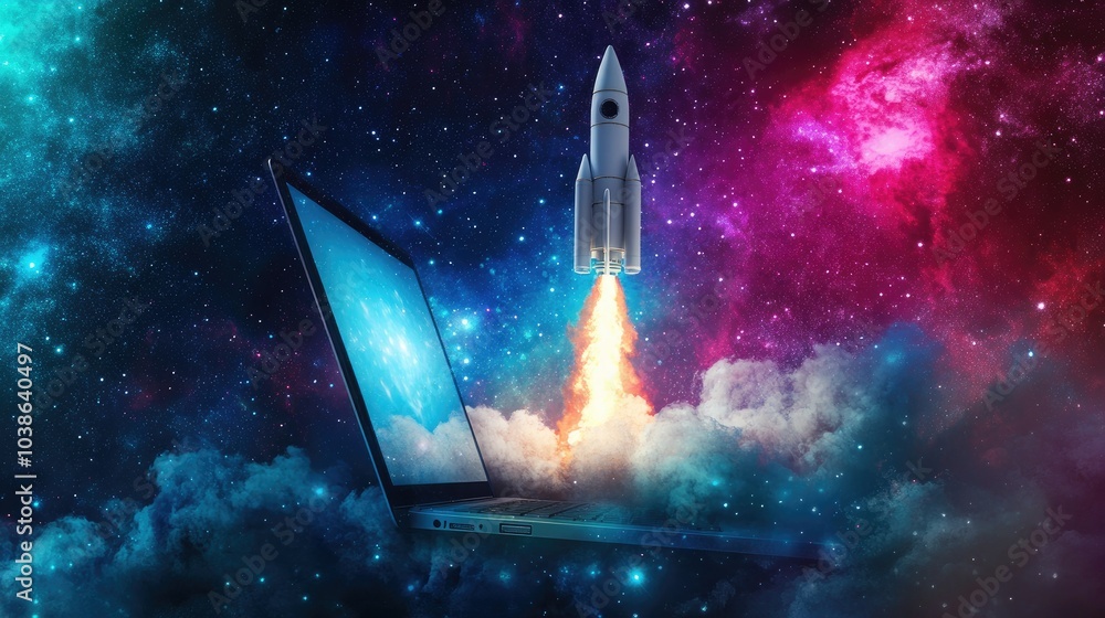Poster digital rocket launch emerging from a laptop screen, surrounded by a starry nebula and cosmic dust, 