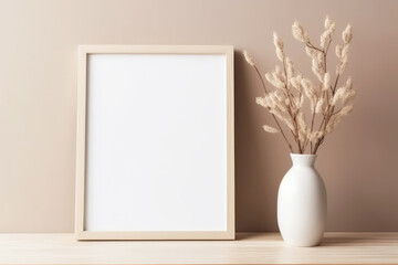 Blank poster frame with dried flower in vase
