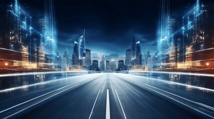 Obraz premium Futuristic city skyline at night with illuminated buildings and a long empty road stretching forward in vibrant neon colors. Generative AI