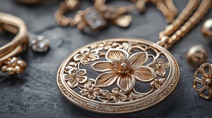Naklejka premium A closeup of intricate gold filigree on an antique jewelry piece, gold filigree, antique luxury