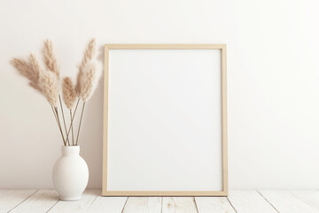Blank poster frame with dried flower in vase
