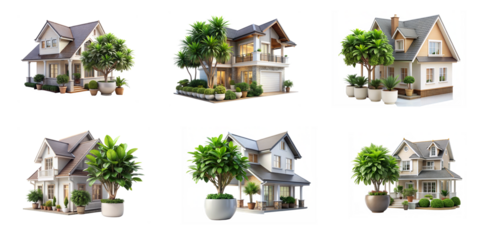 Six Homes with Landscaping and Green Lawns On Transparent Background.