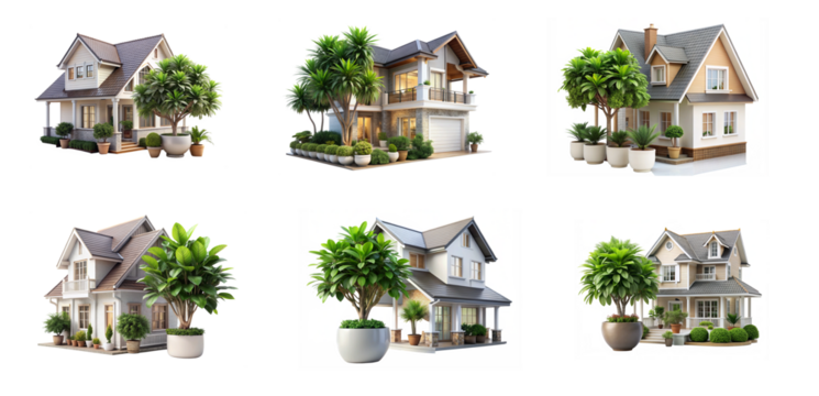 Six Homes with Landscaping and Green Lawns On Transparent Background. - Powered by Adobe